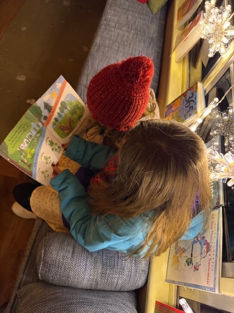 child reading to sibling on bus